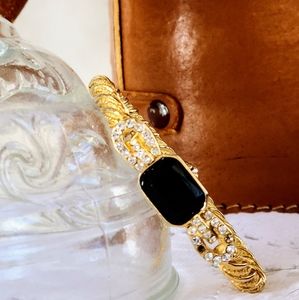 Gold Rope Hinge Bangle with Black Center Stone